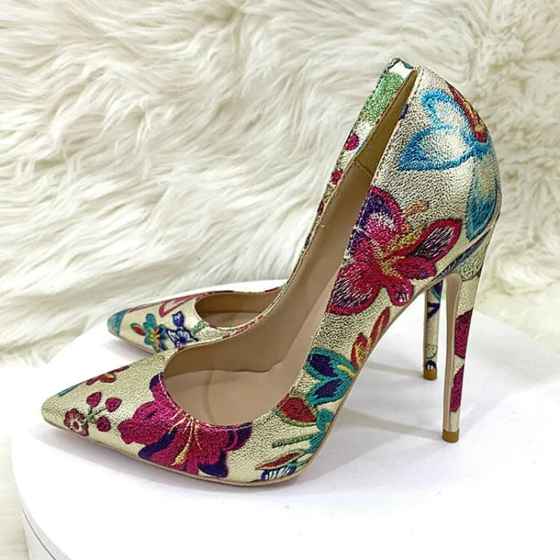 Gold Embroidered Floral High Heel Shoes with Butterfly Design