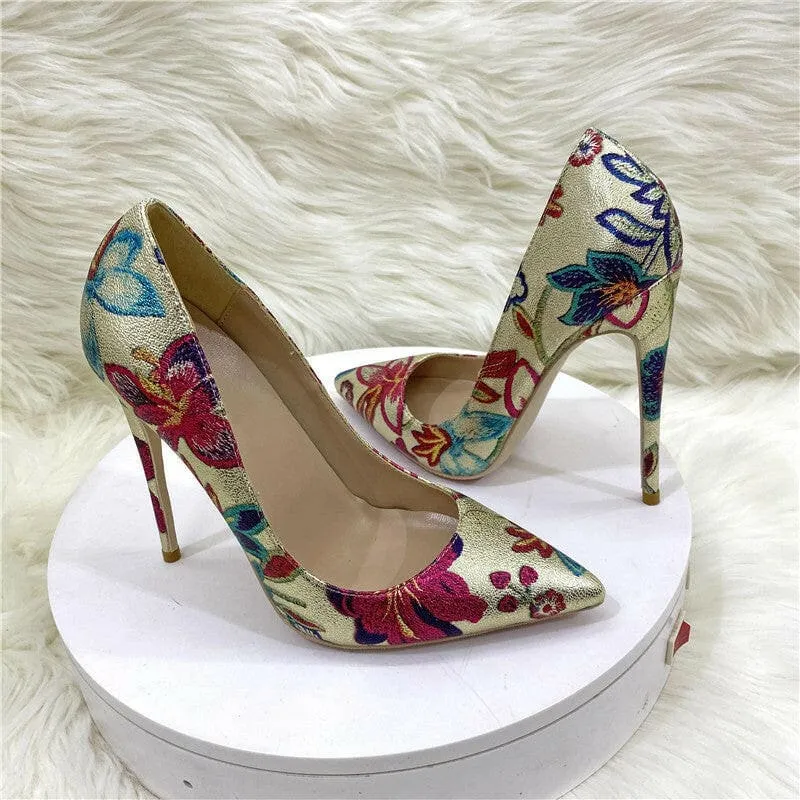 Gold Embroidered Floral High Heel Shoes with Butterfly Design