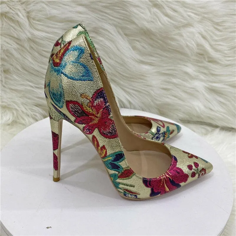 Gold Embroidered Floral High Heel Shoes with Butterfly Design