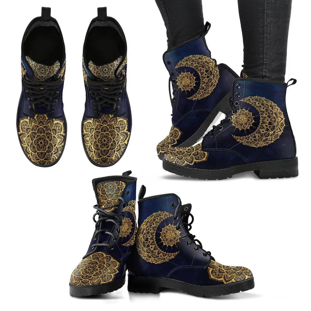 Gold Sun and Moon on Blue  Memory Foam Boots | All Season Lace Up Boots | Vegan Leather Combat Boot by Manifestie