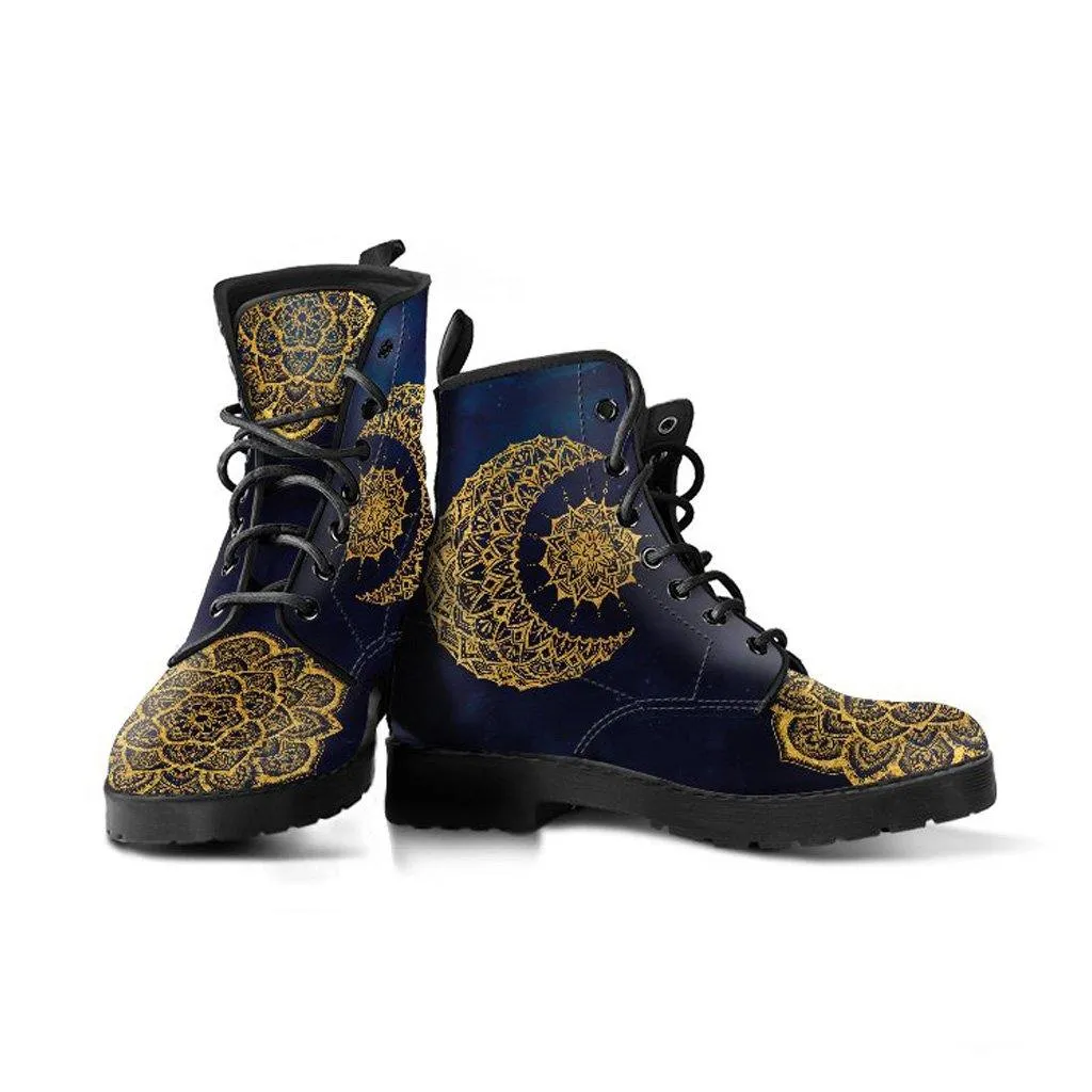 Gold Sun and Moon on Blue  Memory Foam Boots | All Season Lace Up Boots | Vegan Leather Combat Boot by Manifestie