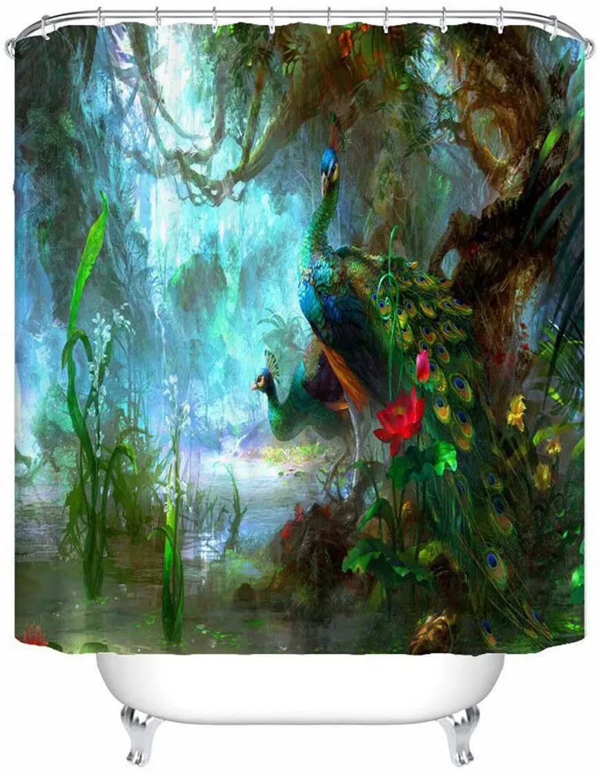 Green Peacock Shower Curtain Set