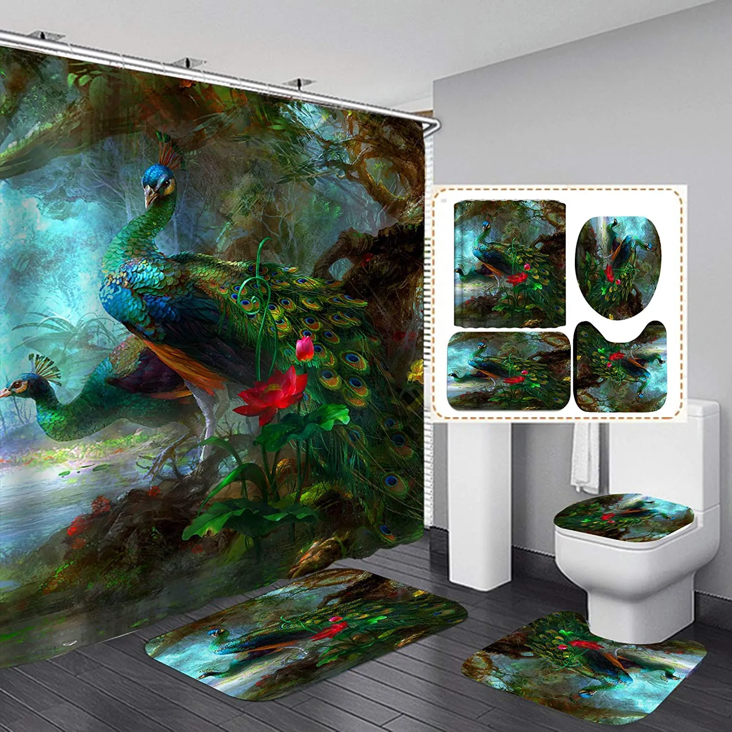 Green Peacock Shower Curtain Set