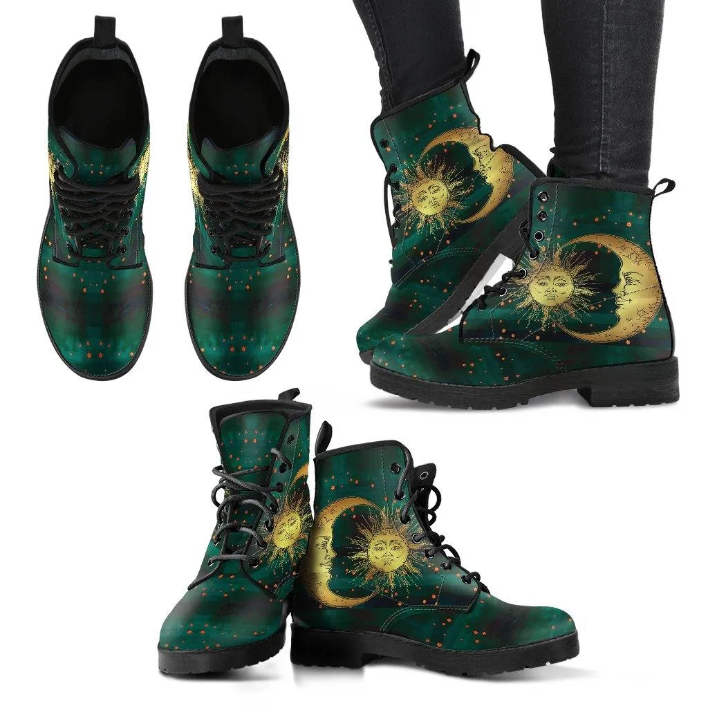 Green Sun and Moon  Memory Foam Boots | All Season Lace Up Boots | Vegan Leather Combat Boot by Manifestie