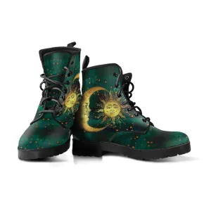 Green Sun and Moon  Memory Foam Boots | All Season Lace Up Boots | Vegan Leather Combat Boot by Manifestie