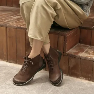 Handmade Genuine Leather Martin Boots Lace-Up Combat Boots Retro Chunky Ankle Boots in Brown/Coffee