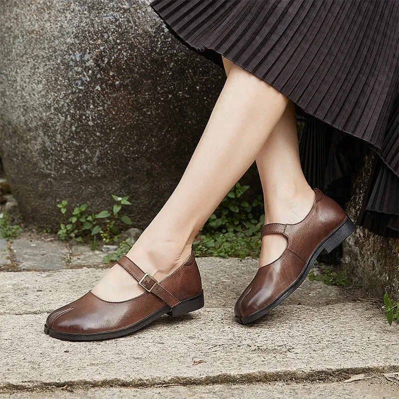 Handmade Leather Mary Jane Flats Split Toe in Black/Coffee