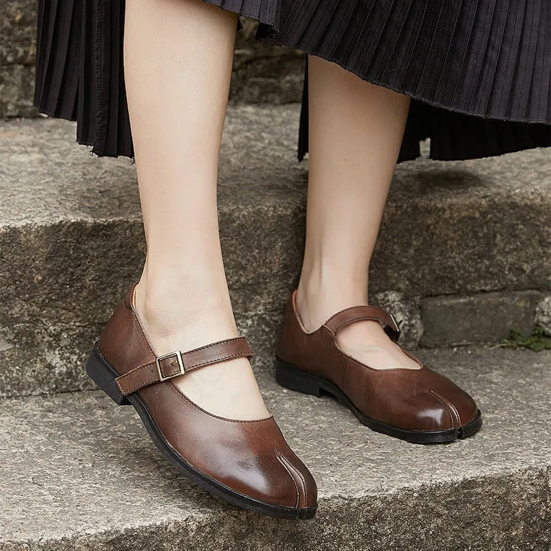 Handmade Leather Mary Jane Flats Split Toe in Black/Coffee