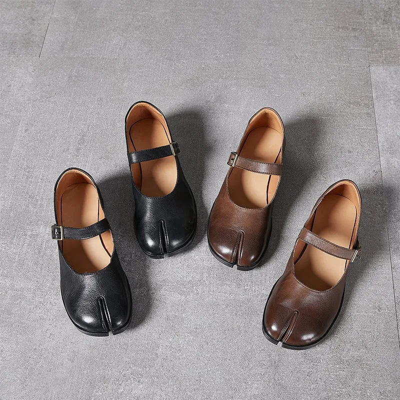 Handmade Leather Mary Jane Flats Split Toe in Black/Coffee