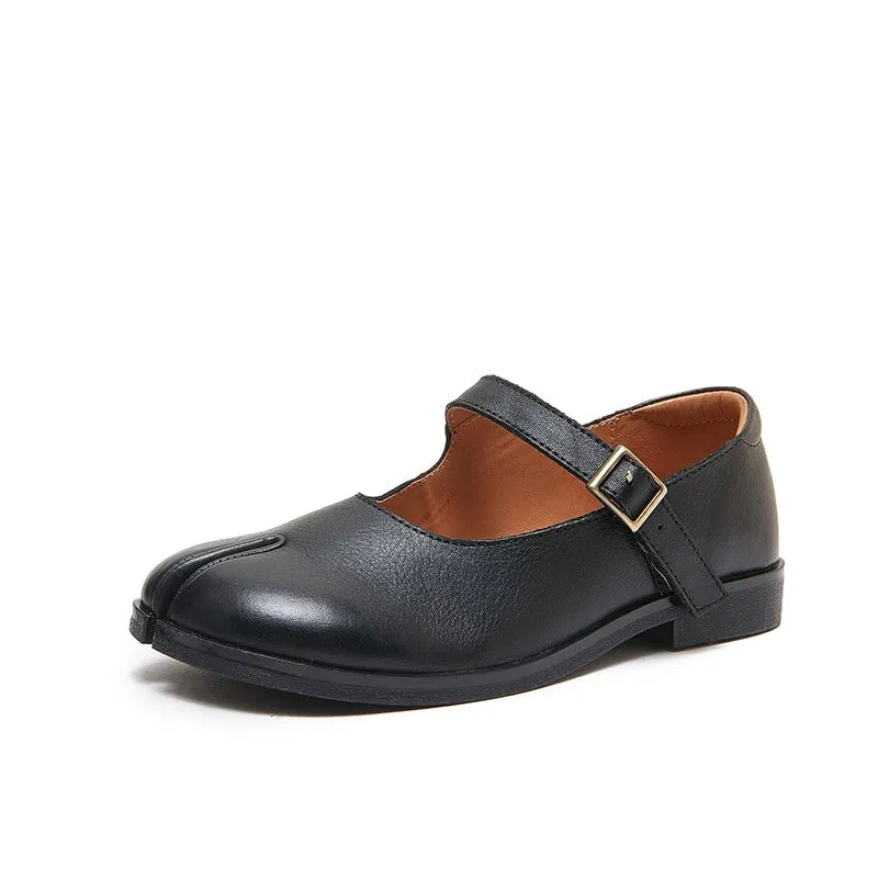 Handmade Leather Mary Jane Flats Split Toe in Black/Coffee