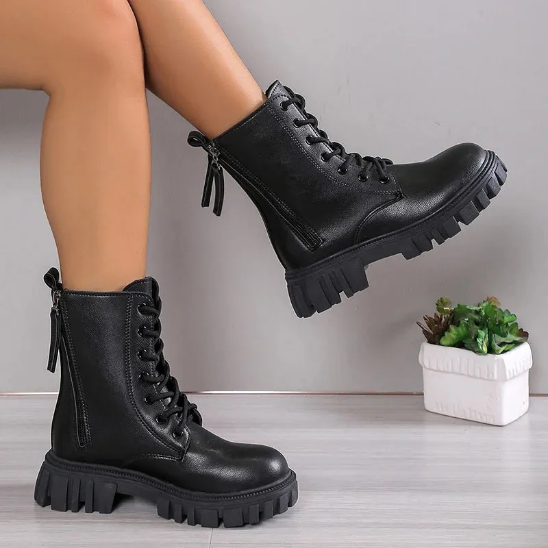 Hnzxzm 2024 Black New Women Ankle Boots Autumn Winter Platform Lace Up Ladies Punk Boots Thick Sole Zipper Combat Booties Female