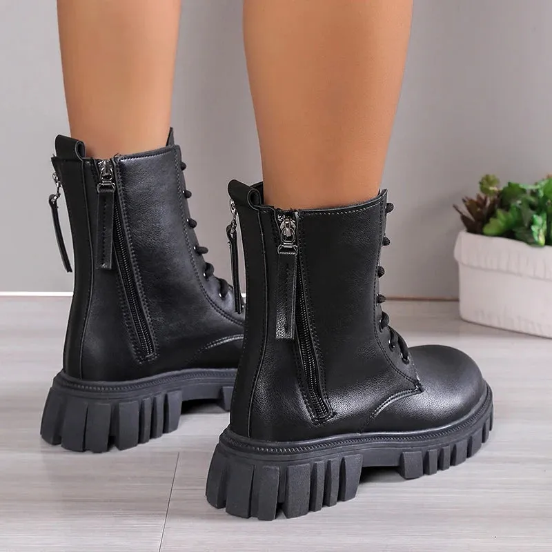 Hnzxzm 2024 Black New Women Ankle Boots Autumn Winter Platform Lace Up Ladies Punk Boots Thick Sole Zipper Combat Booties Female