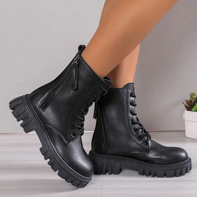 Hnzxzm 2024 Black New Women Ankle Boots Autumn Winter Platform Lace Up Ladies Punk Boots Thick Sole Zipper Combat Booties Female