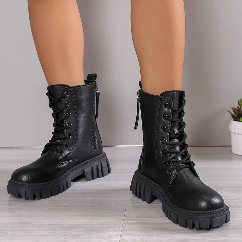 Hnzxzm 2024 Black New Women Ankle Boots Autumn Winter Platform Lace Up Ladies Punk Boots Thick Sole Zipper Combat Booties Female