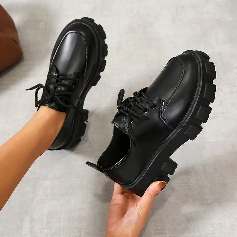 Joskaa Back To School Small Leather Shoes Female 2024 New Wild Thick High Heel Retro Black Work Shoes Spring And Autumn Sponge Cake Low Single Shoes