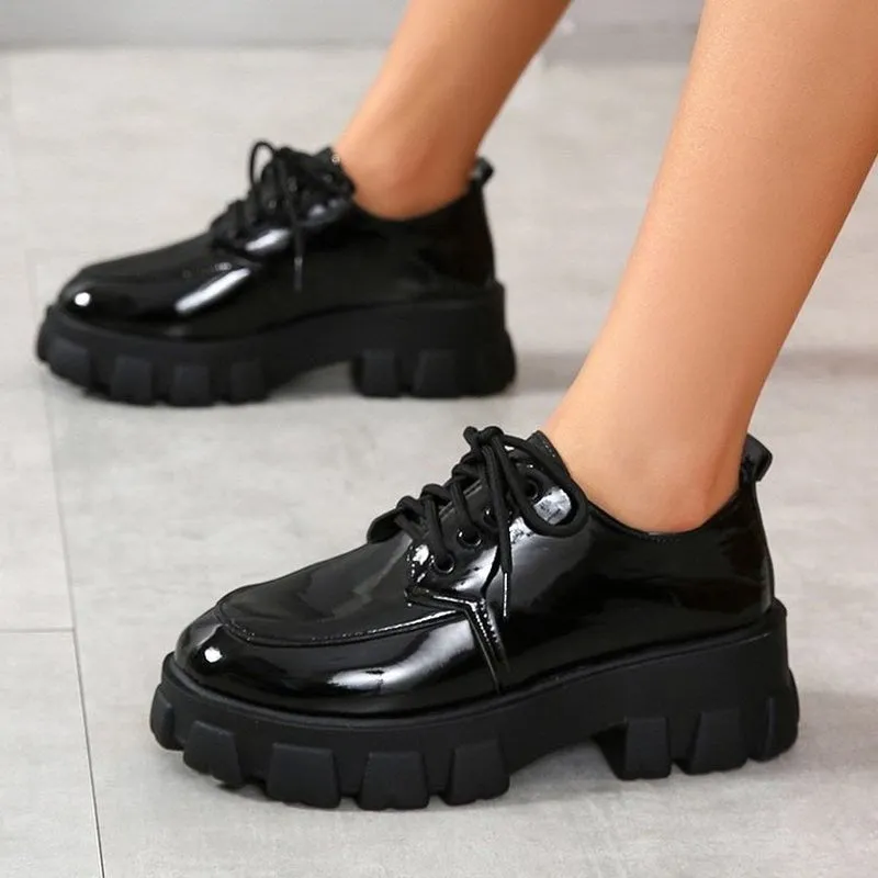 Joskaa Back To School Small Leather Shoes Female 2024 New Wild Thick High Heel Retro Black Work Shoes Spring And Autumn Sponge Cake Low Single Shoes