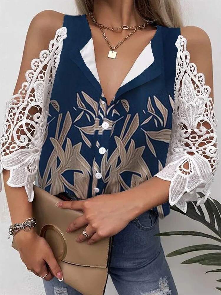 Joskaa Casual Embroidery Short Sleeve Top Blusa Sexy Off Shoulder Single-breasted Hollow Blouse Women Vintage V Neck Floral Print Shirt