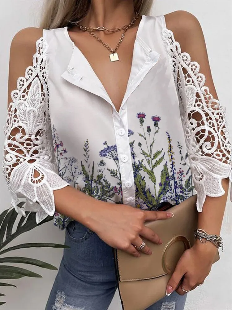 Joskaa Casual Embroidery Short Sleeve Top Blusa Sexy Off Shoulder Single-breasted Hollow Blouse Women Vintage V Neck Floral Print Shirt