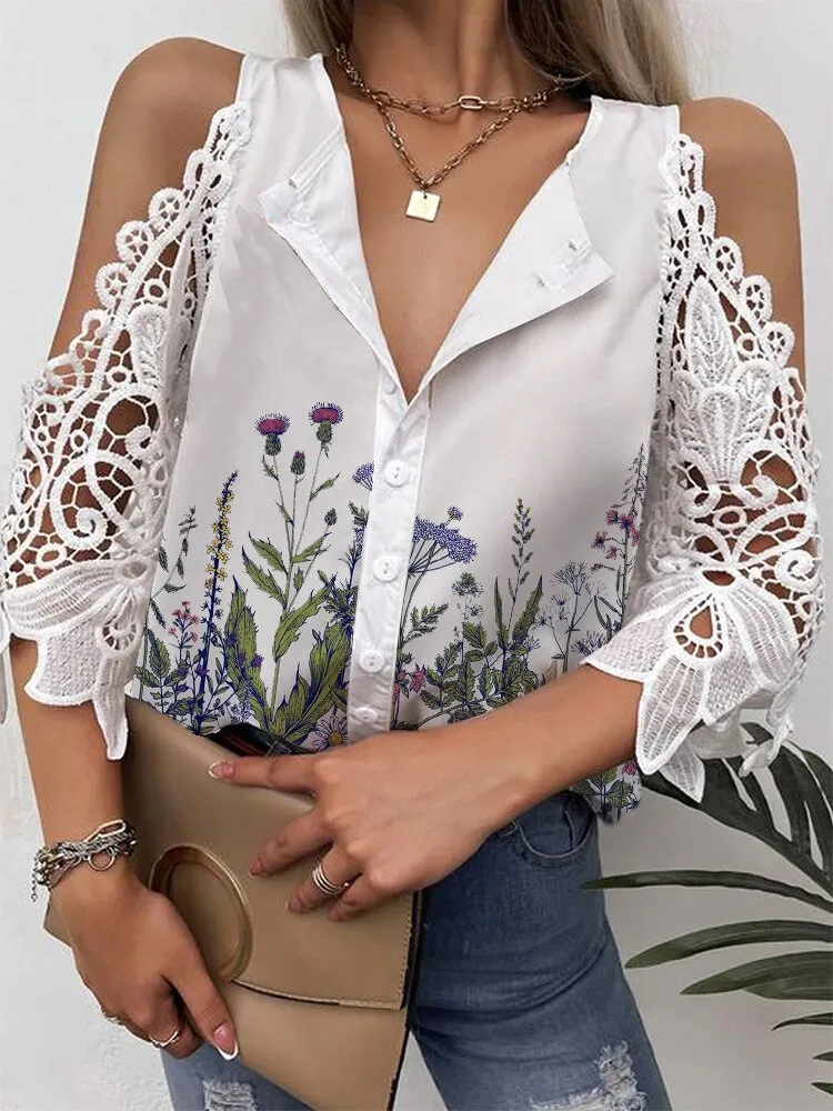 Joskaa Casual Embroidery Short Sleeve Top Blusa Sexy Off Shoulder Single-breasted Hollow Blouse Women Vintage V Neck Floral Print Shirt