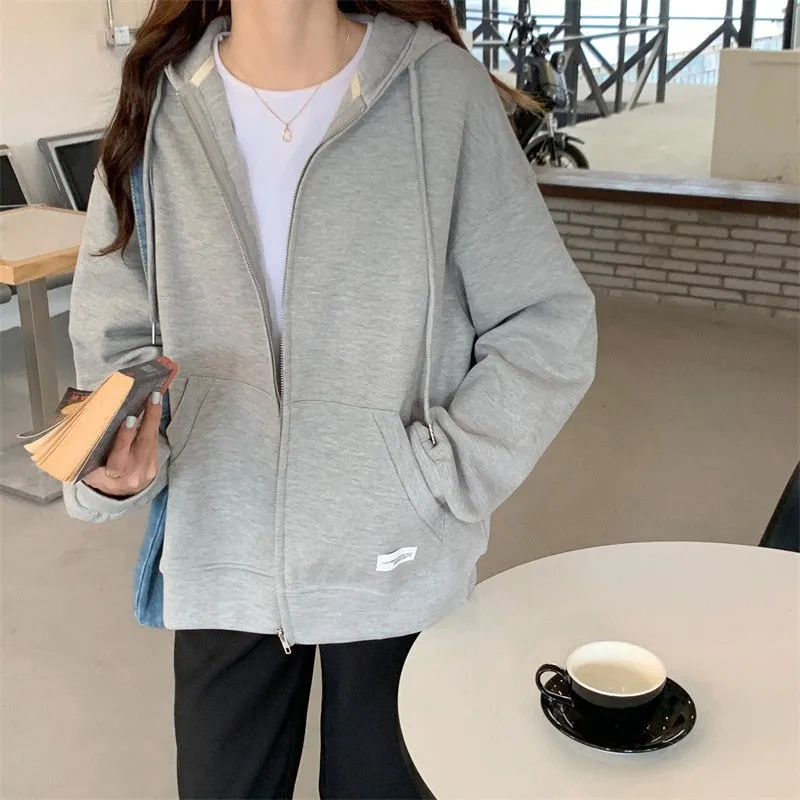 Joskaa Zip-Up Hoodies Women 2022 Harajuku Korean Style Solid Loose Hooded Sweatshirt Autumn Casual Pocket Oversize Jacket Student Coats