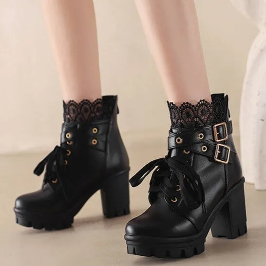 Lace trim lolita booties chunky platform high heels cute party dressy booties