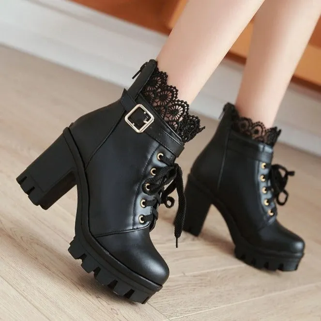 Lace trim lolita booties chunky platform high heels cute party dressy booties