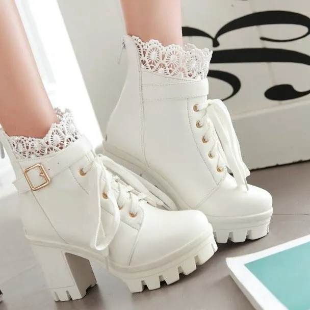 Lace trim lolita booties chunky platform high heels cute party dressy booties