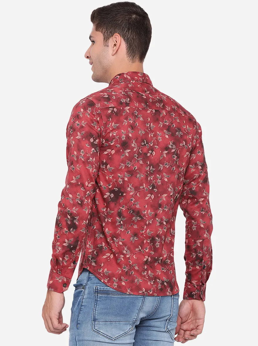 Light Red Printed Slim Fit Semi Casual Shirt | Greenfibre