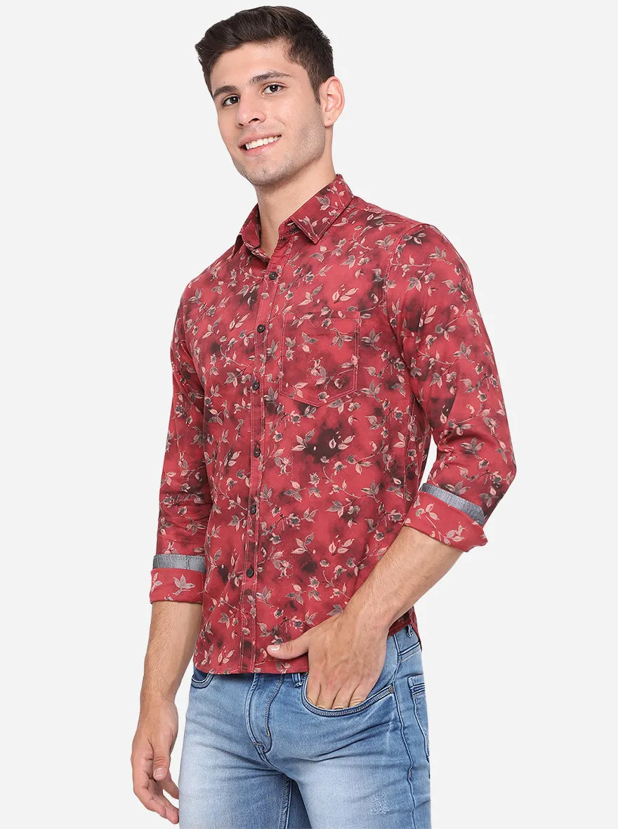 Light Red Printed Slim Fit Semi Casual Shirt | Greenfibre