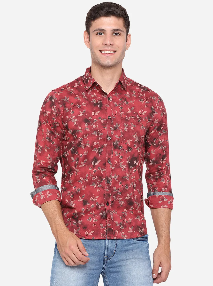 Light Red Printed Slim Fit Semi Casual Shirt | Greenfibre