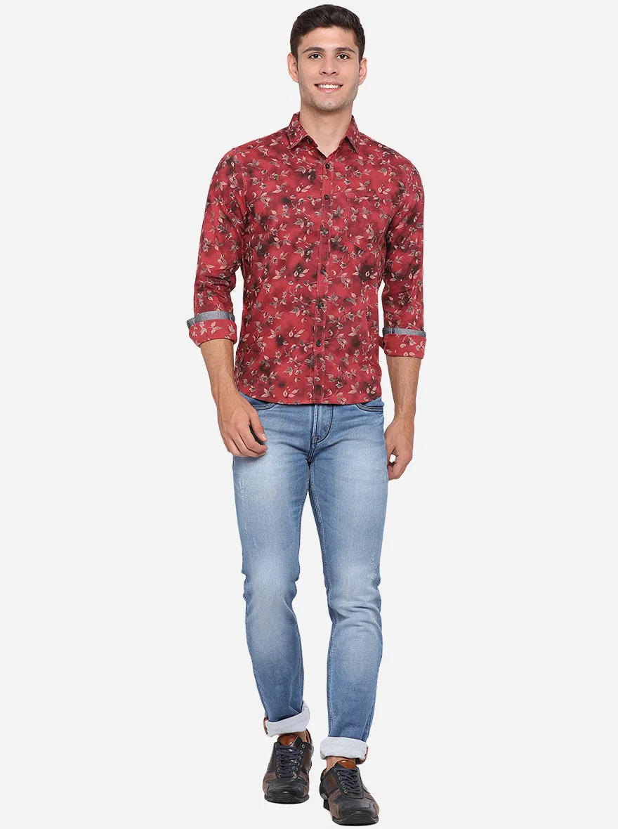 Light Red Printed Slim Fit Semi Casual Shirt | Greenfibre