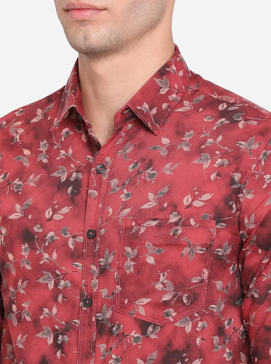 Light Red Printed Slim Fit Semi Casual Shirt | Greenfibre