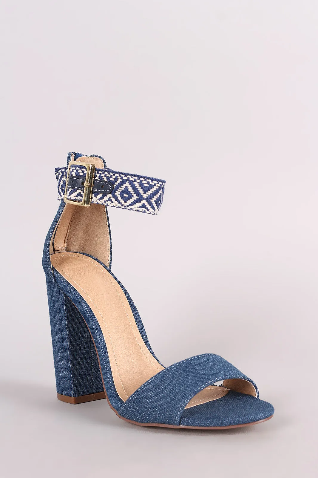 Liliana Denim Aztec Accent Ankle Strap Chunky Heel