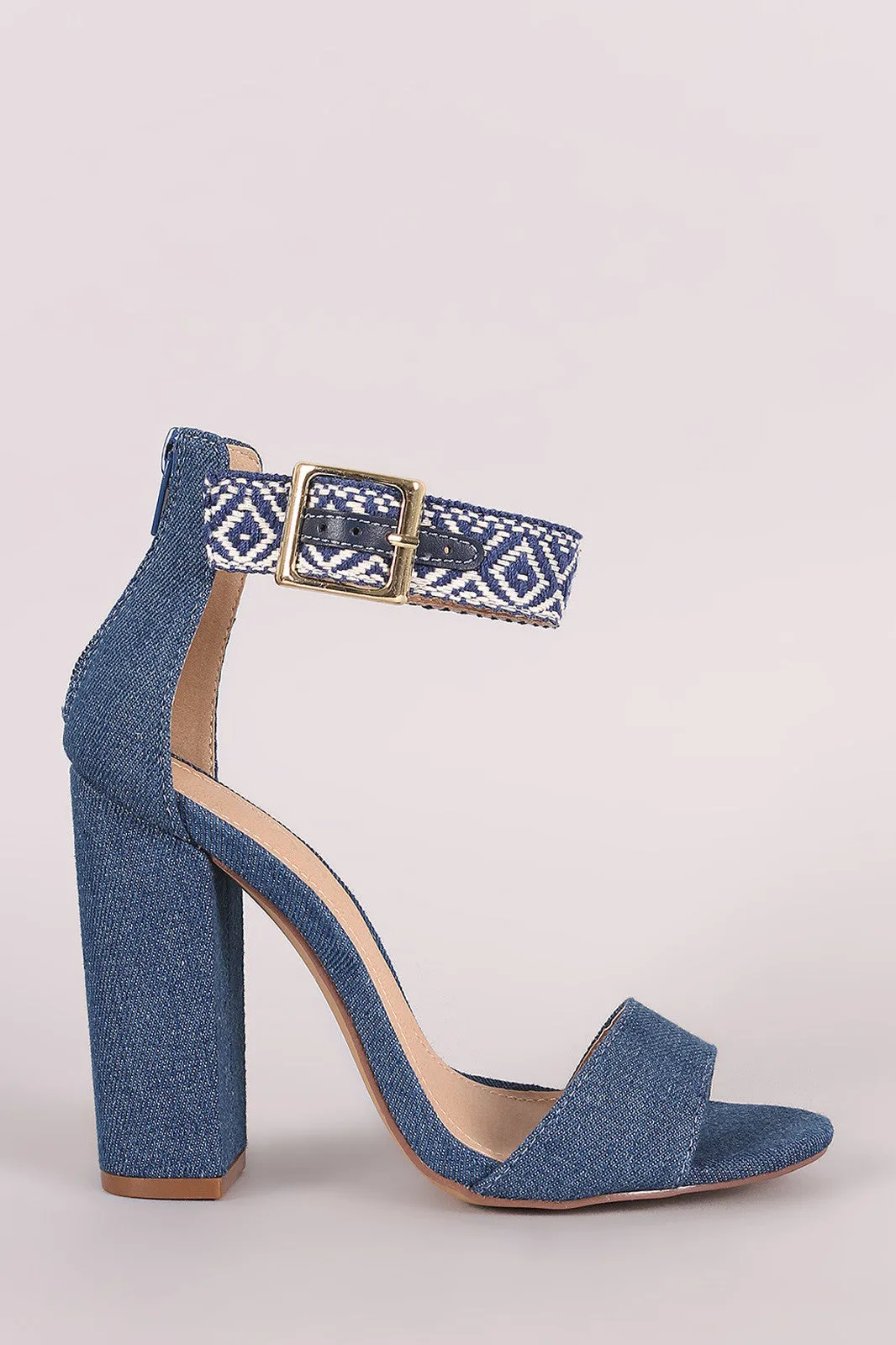 Liliana Denim Aztec Accent Ankle Strap Chunky Heel