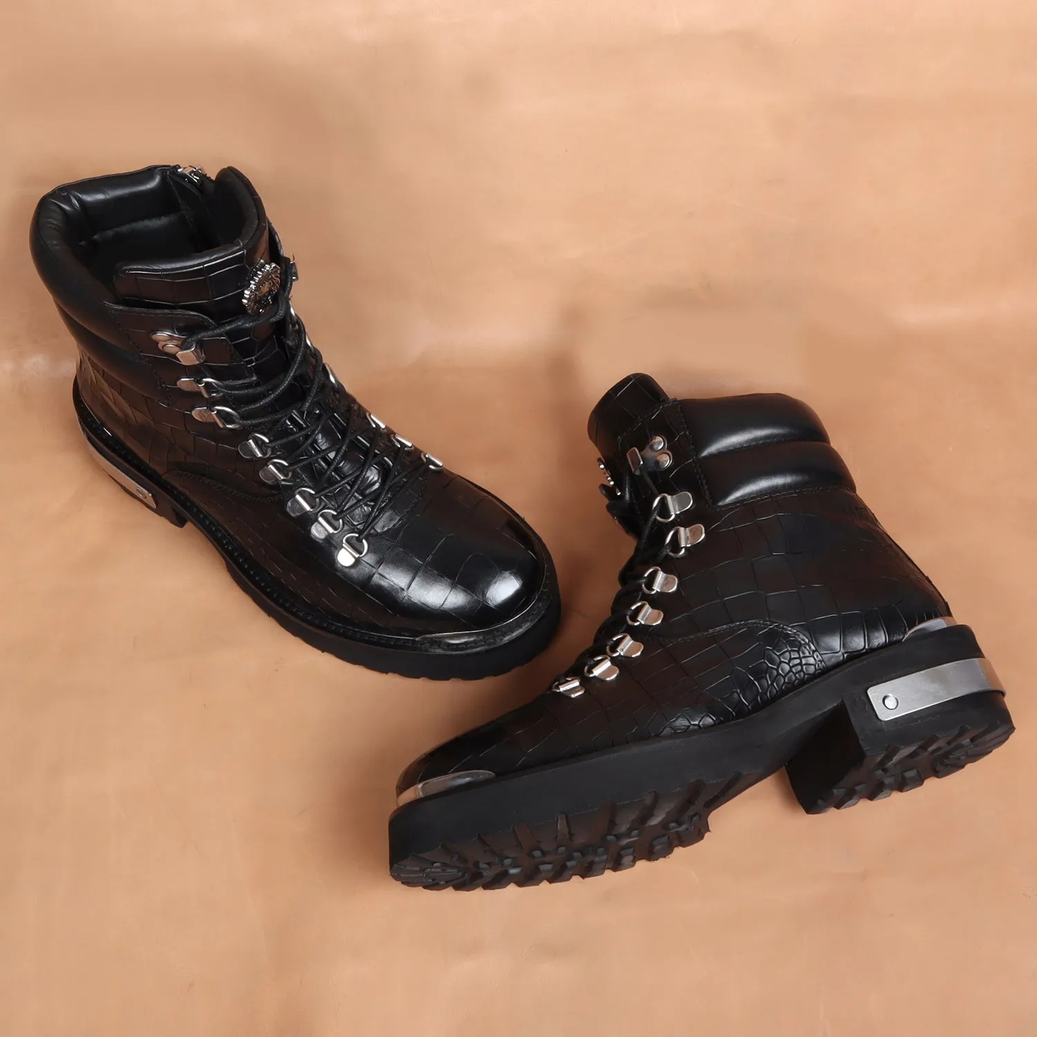 Metal Plate Black Lace-Up Chunky Boots in Croco Textured Leather with Zip Closure By Brune & Bareskin