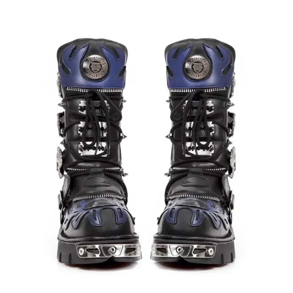 Mid-Calf Combat Boots Rock Metal Belt Buckle Round Toe Zip.