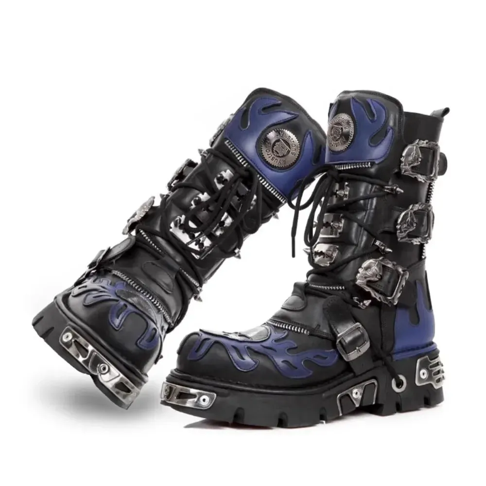 Mid-Calf Combat Boots Rock Metal Belt Buckle Round Toe Zip.