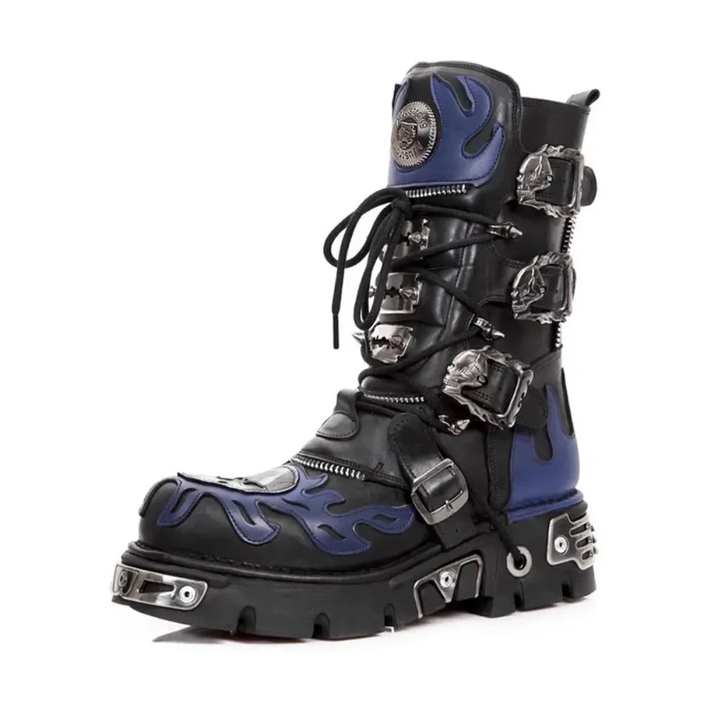 Mid-Calf Combat Boots Rock Metal Belt Buckle Round Toe Zip.