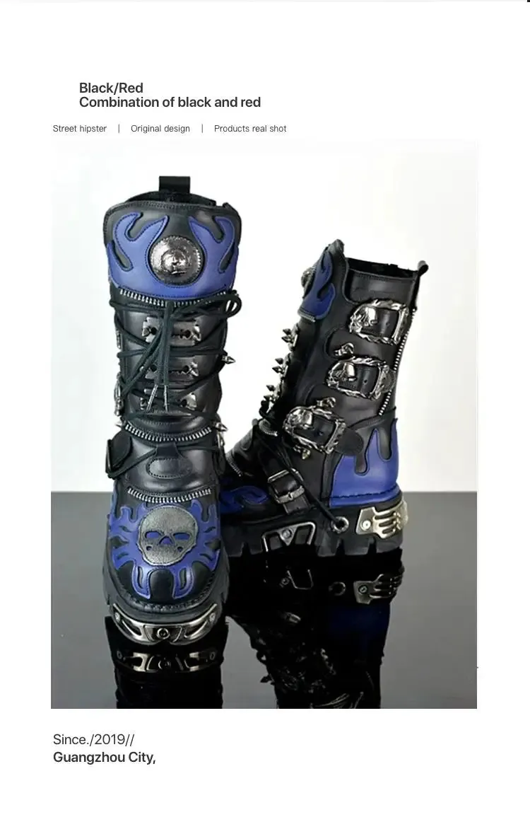 Mid-Calf Combat Boots Rock Metal Belt Buckle Round Toe Zip.