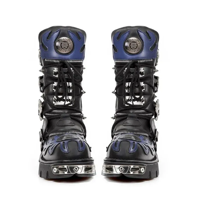 Mid-Calf Combat Boots Rock Metal Belt Buckle Round Toe Zip.