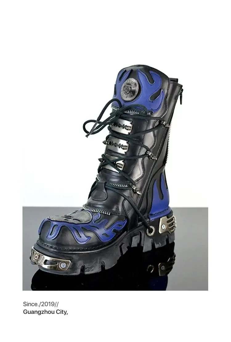 Mid-Calf Combat Boots Rock Metal Belt Buckle Round Toe Zip.