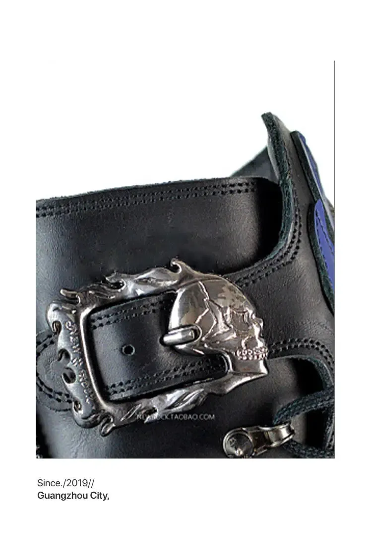 Mid-Calf Combat Boots Rock Metal Belt Buckle Round Toe Zip.