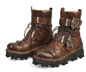 Military Combat Style with Skull Punk Buckle Strap Men Leather Work Boots