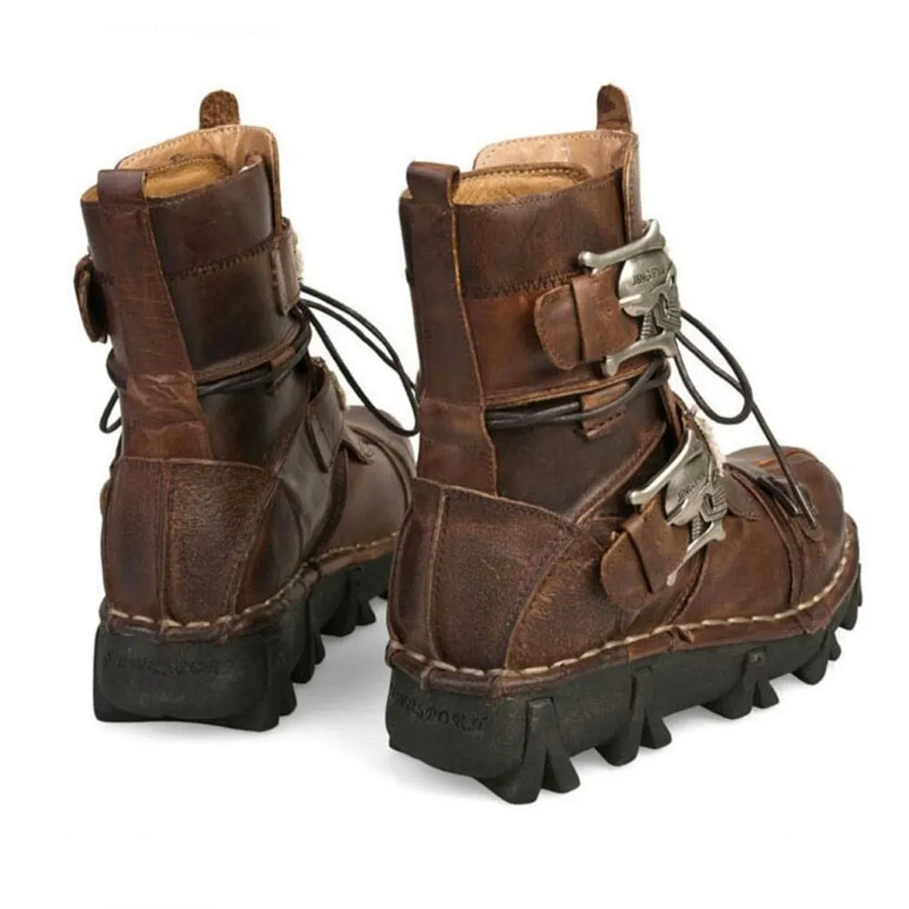 Military Combat Style with Skull Punk Buckle Strap Men Leather Work Boots