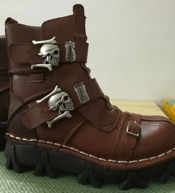 Military Combat Style with Skull Punk Buckle Strap Men Leather Work Boots