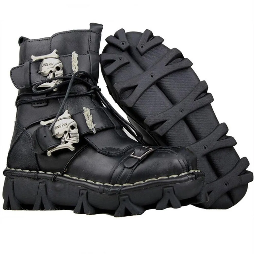 Military Combat Style with Skull Punk Buckle Strap Men Leather Work Boots