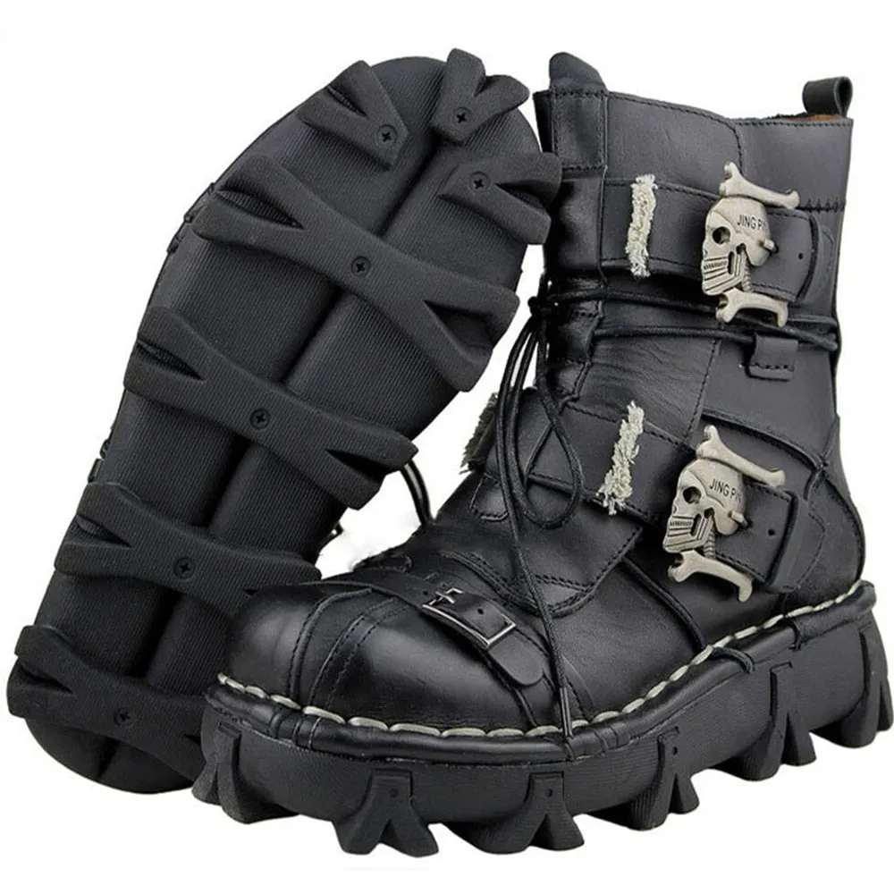 Military Combat Style with Skull Punk Buckle Strap Men Leather Work Boots