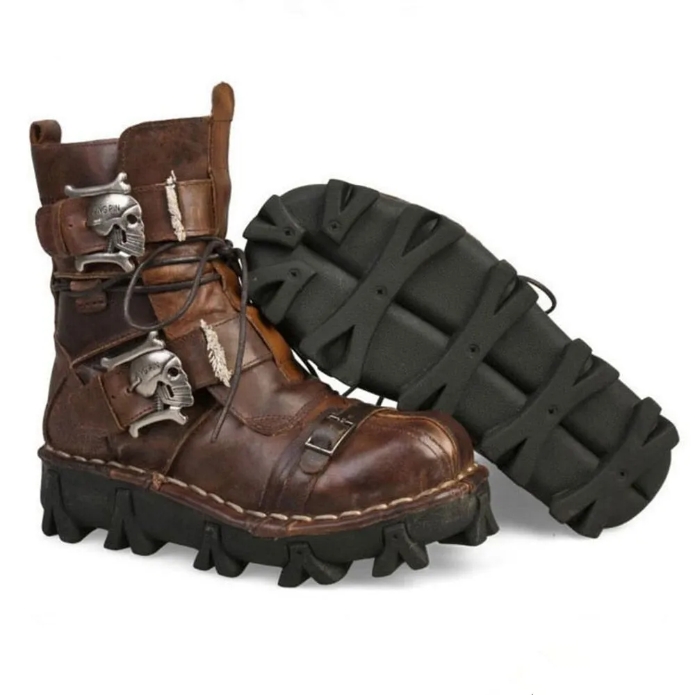 Military Combat Style with Skull Punk Buckle Strap Men Leather Work Boots