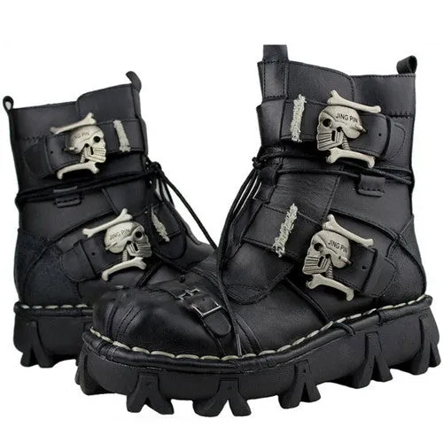 Military Combat Style with Skull Punk Buckle Strap Men Leather Work Boots