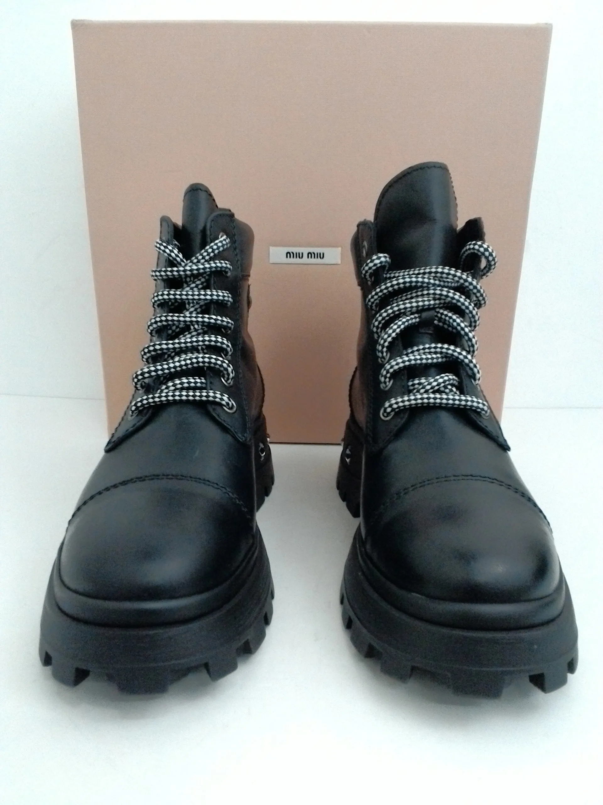 miu miu Women's Donna Black Leather Combat Boots Size 39.5